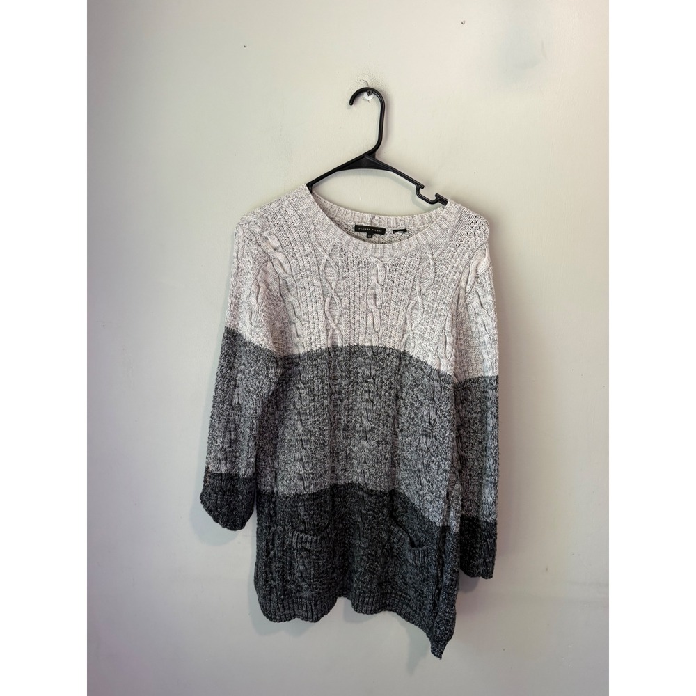 Jeanne Pierre Womens Grey Colorblock Cable Knit Tunic Sweater Crew Neck XL